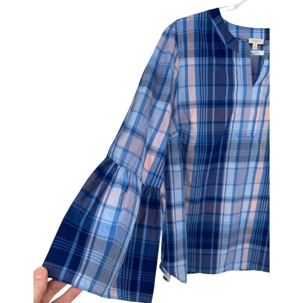 Talbots Plaid Blouse M Blue Pink Cotton Bell Sleeve Coastal Preppy Lightweight